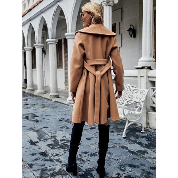 fold over Shawl Collar Double Button Belted Overcoat pea coat camel tan brown - Picture 2 of 10